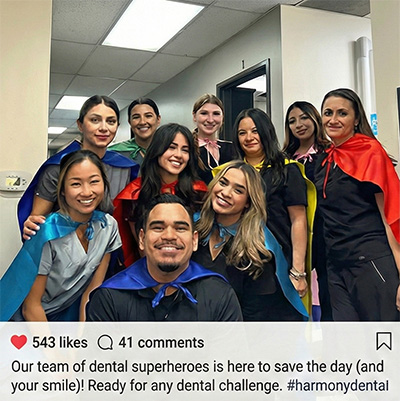 The friendly My La Mirada Dentist team dressed up in creative costumes, celebrating together at our office Halloween party
