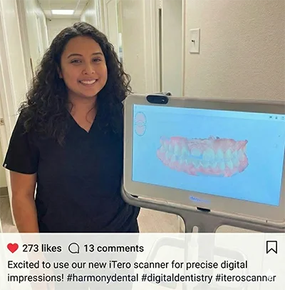 Friendly My La Mirada Dentist team member smiling next to our advanced iTero 3D digital scanner, used for comfortable, goop-free impressions
